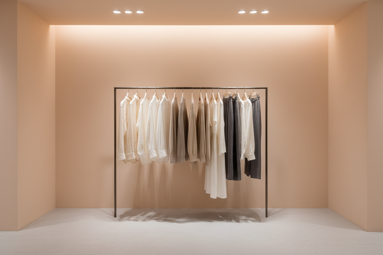 Minimalistische achtergrond voor een kledingwinkel. Eén strak kledingrek met neutrale kleding. Gesloten, raamloze ruimte met matte wanden in een subtiele licht oranje tint. Zachte, indirecte verlichting. Geen mensen of decoratie. Rustige, moderne sfeer. Fotorealistisch, hoge kwaliteit.